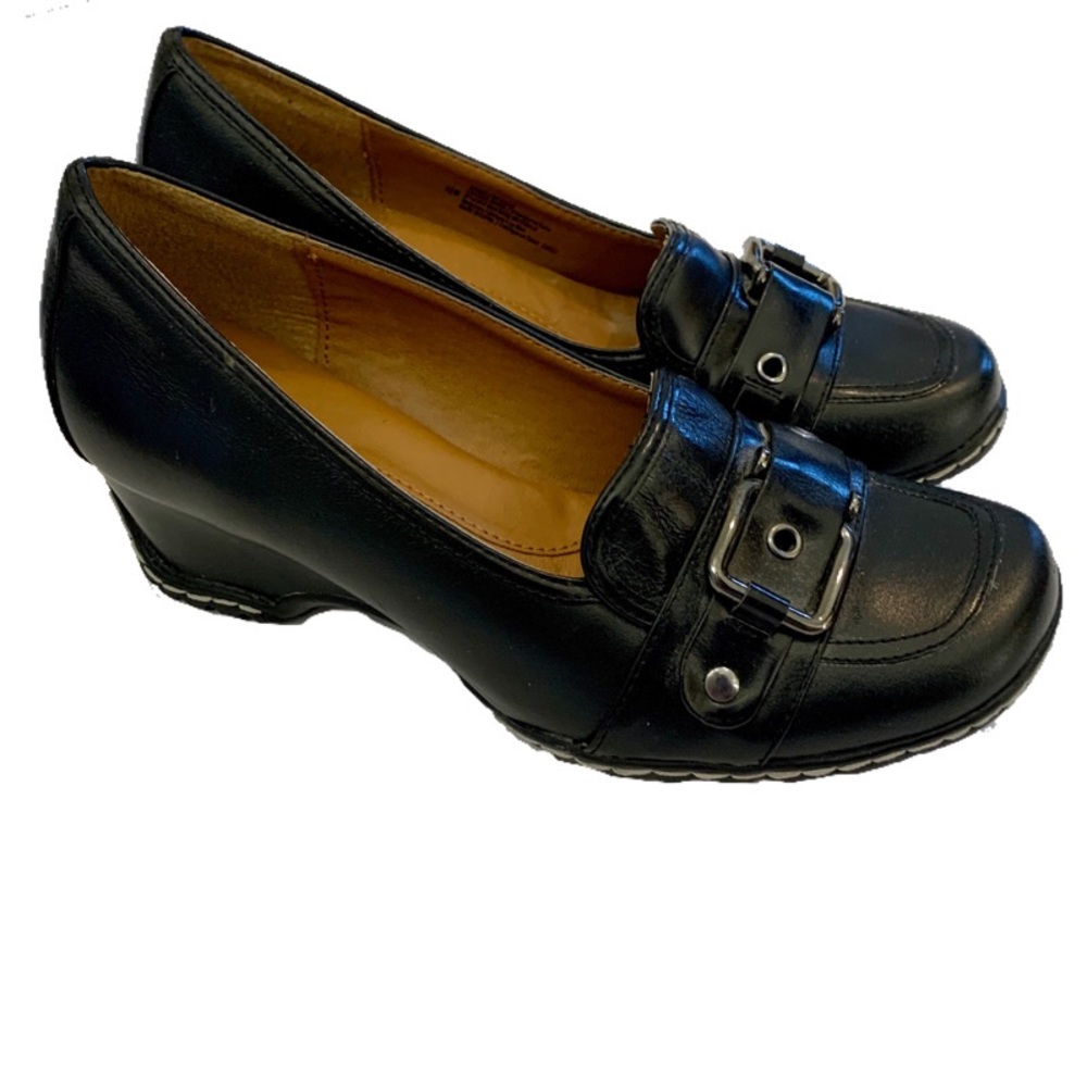 Sofft Black Wedge Loafers with Buckle Detail